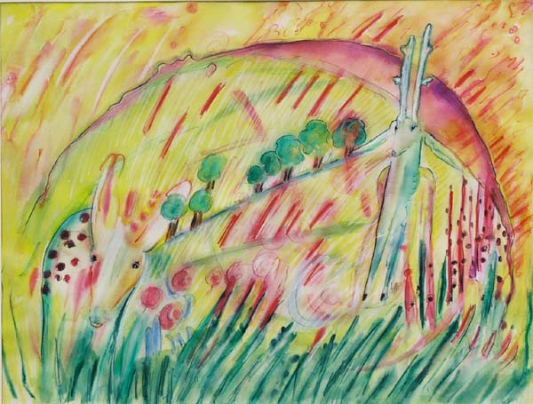 Bambi, sein Vater und der Wald brennt - 48 x 62 - Aquarell, Buntstift - 2002