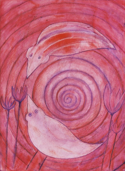 Verdrehte Voegel - 40 x 50 - Aquarell, Buntstift - 2002